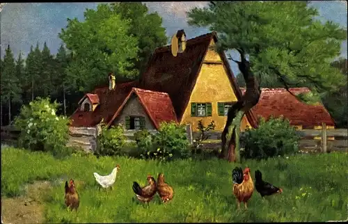 Ak Dorfansicht, Bauernhaus, Hühner auf der Wiese