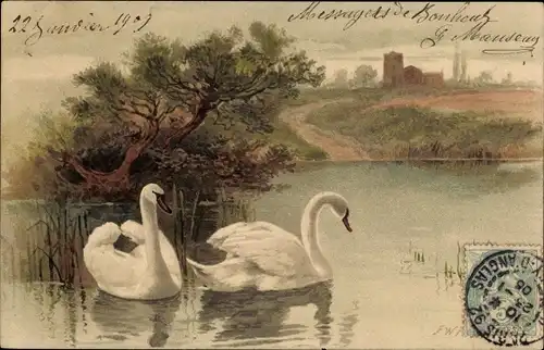 Künstler Litho Zwei Schwäne, Teich