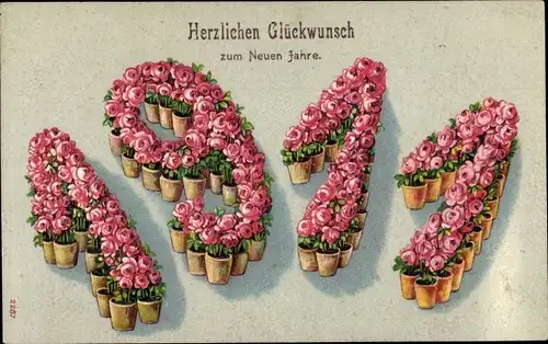 Präge Ak Glückwunsch Neujahr 1911, Rosen, Blumentöpfe
