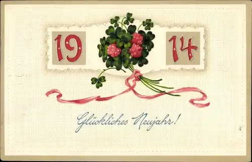 Präge Ak Glückwunsch Neujahr 1914, Glücksklee, Rosen
