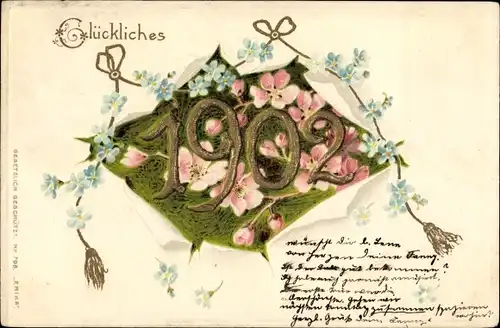 Präge Litho Glückwunsch Neujahr 1902, Blumen, Vergissmeinnicht