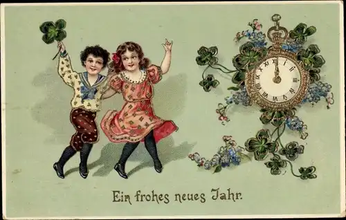 Präge Ak Glückwunsch Neujahr, Kinder, Uhr, Glücksklee, Vergissmeinnicht