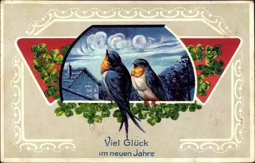 Ak Glückwunsch Neujahr, Singende Vögel, Glücksklee