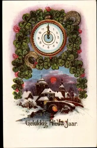 Ak Glückwunsch Neujahr, Dorfpartie, Uhr, Hufeisen, Glücksklee