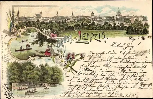Litho Leipzig in Sachsen, Pleissenpfahlbau Wassergott, Panoramablick, Liebespaar, Ruderpartie