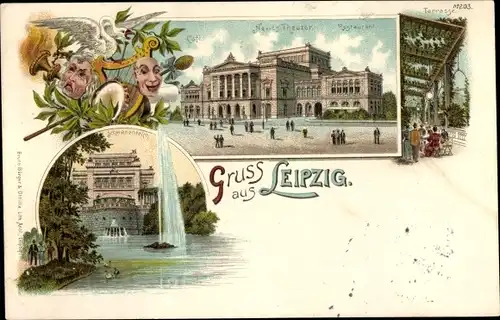 Litho Leipzig in Sachsen, Neues Theater, Café, Restaurant, Schwanenteich, Terrasse