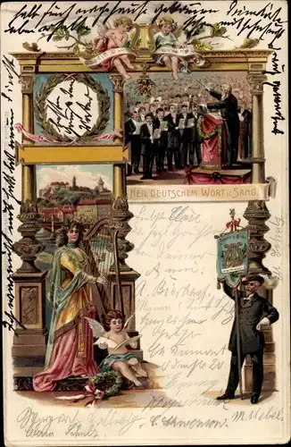 Präge Litho Heil Deutschem Wort und Sang, Chor, Harfe, Engel, Sängerbund