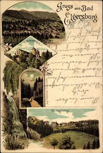 Litho Elgersburg in Thüringen, Totale, Kärnbachtal, Schloss