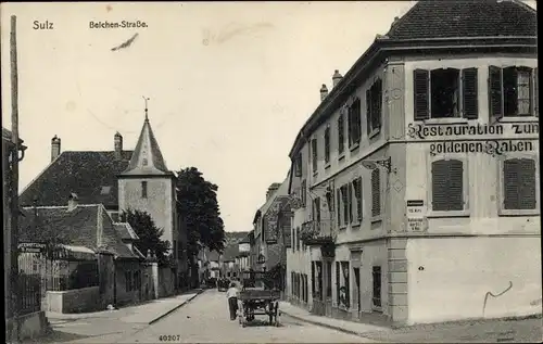 Ak Soultz Sulz Elsass Haut Rhin, Belchenstraße, Restauration zum goldenen Raben