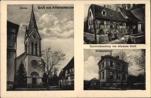 Ak Attenschwiller Attenschweiler Elsass Haut Rhin, Kirche, Spezereihandlung von Allemann Stark