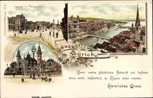 Litho Zürich Stadt Schweiz, Bahnhof, Polytechnikum, Tonhalle