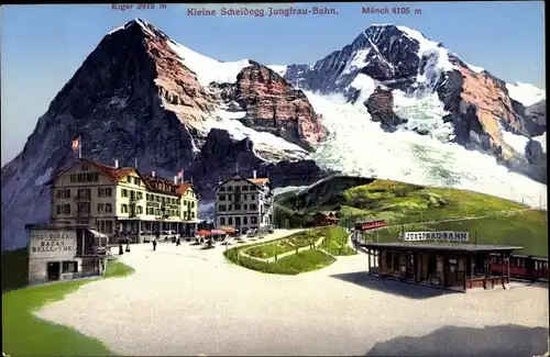 Ak Kanton Bern, Berner Oberland, Kleine Scheidegg, Bahnhof der Jungfraubahn, Hotel, Bazar Bellevue