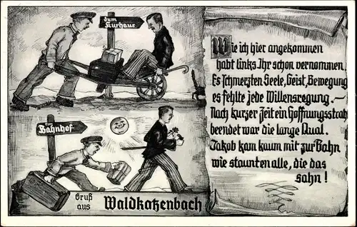 Künstler Ak Waldkatzenbach Waldbrunn im Odenwald, Mann wird zum Kurhaus gebracht