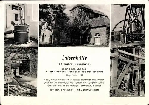 Ak Wocklum Balve im Sauerland, Technisches Museum Luisenhütte, Kolbengebläse, Hochofenabstich