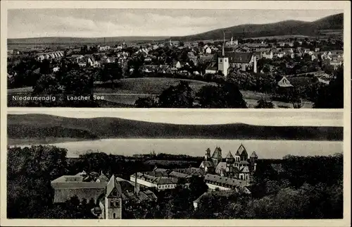 Ak Niedermendig Mendig in der Eifel, Totalansicht, Abtei Maria Laach, Laacher See