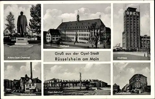 Ak Rüsselsheim Main, Adam Opel Denkmal, Rathaus, Bahnhof