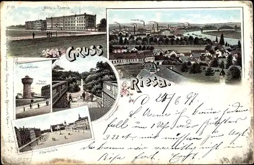 Litho Riesa Sachsen, Artillerie Kaserne, Wasserturm, Albertplatz