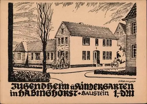 Künstler Ak Freihoff, Habinghorst Castrop Rauxel im Ruhrgebiet, Baustein Jugendheim u. Kindergarten
