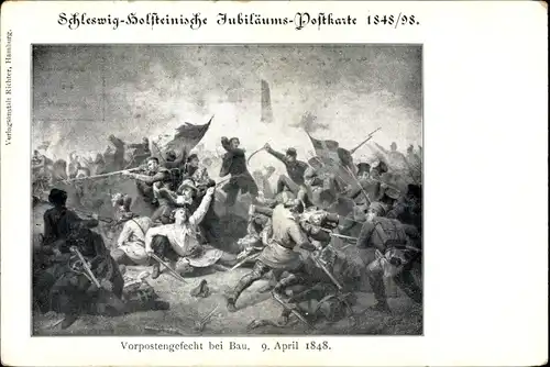 Künstler Ak Schleswig Holsteinische Jubiläums-Karte 1848/98, Vorpostengefecht bei Bau, 9.04.1848