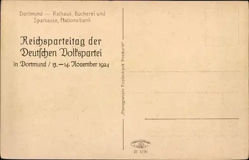 Ak Dortmund im Ruhrgebiet, Rathaus, Bücherei, Sparkasse, Reichsparteitag Deutsche Volkspartei 1924