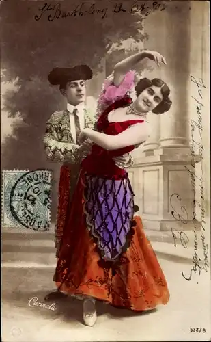 Ak Frau und Mann in andalusischer Tracht, Portrait, Flamenco Tanz, Carmela