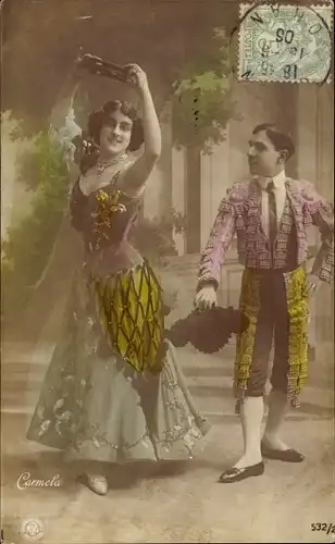Ak Frau und Mann in andalusischer Tracht, Flamenco Tanz, Tamborin, Carmela