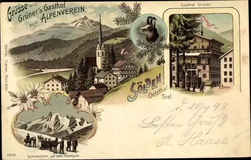 Litho Sölden Ötztal Tirol, Grüner's Gasthof zum Alpenverein, Schlittenfahrt