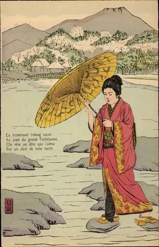 Künstler Ak Japanerin in Kimono, Schirm, En traversant l'étang sacré