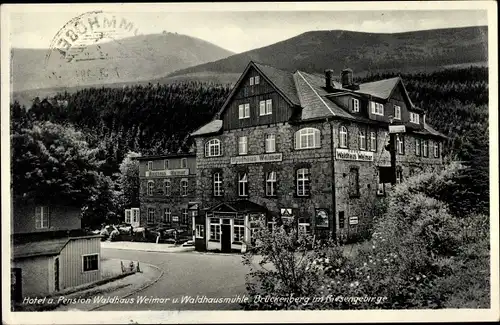 Ak Brückenberg b. Krummhübel Riesengebirge Schlesien, Hotel und Pension Waldhaus Weimar