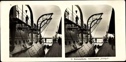 Stereo Foto Deutsches Kriegsschiff, Küstenpanzer SMS Frithjof im Hafen Swinemünde