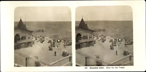 Stereo Foto Ostseebad Sellin auf Rügen, Strand von der Treppe zur Seebrücke