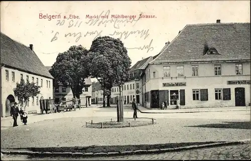 Ak Belgern an der Elbe Sachsen, Markt mit Mühlberger Straße