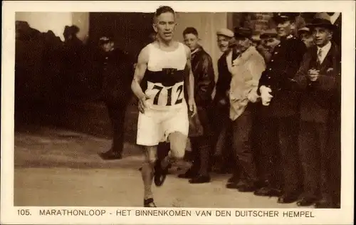 Ak Amsterdam Nordholland, Olympische Spiele 1928, Deutscher Marathonläufer Hempel, Startnummer 712