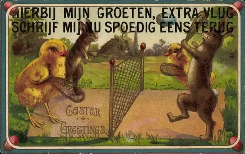 Präge Litho Glückwunsch Ostern, Hasen und Küken spielen Tennis