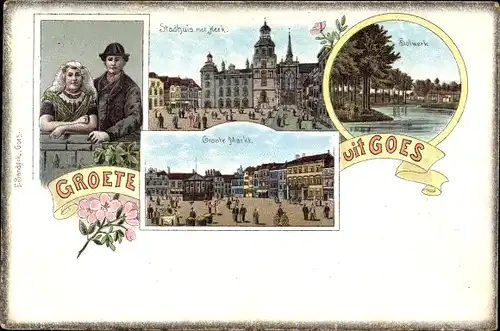 Litho Goes Zeeland Niederlande, Bolwerk, Staduis met Kerk, Groote Markt, Paar in Trachten