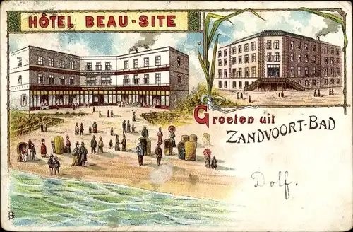 Litho Zandvoort Bad Nordholland Niederlande, Hotel Beau Site, Strandpartie