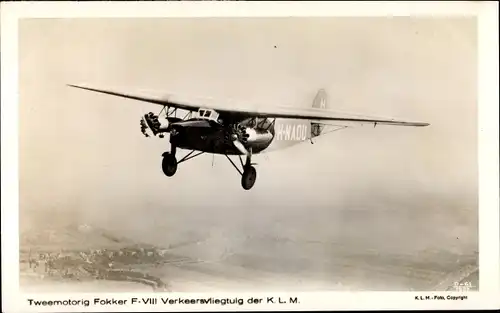 Ak Fokker F VIII, niederländisches Verkehrsflugzeug der KLM