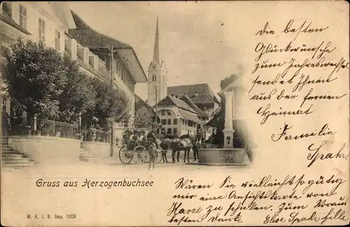 Ak Herzogenbuchsee Kanton Bern, Kutsche, Brunnen, Kirchturm