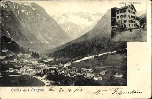 Ak Bergün Bravuogn Filisur Kanton Graubünden, Gasthaus zum Bahnhof, Blick auf den Ort