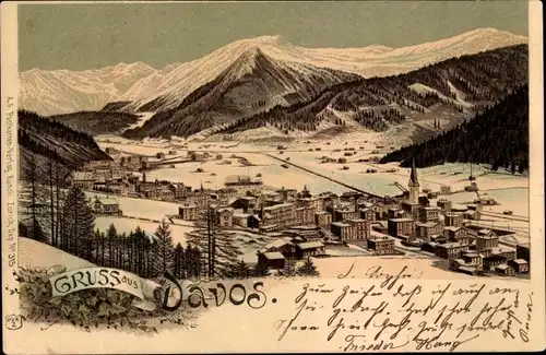 Litho Davos Kanton Graubünden, Totalansicht der Ortschaft im Winter
