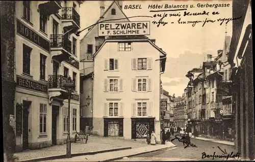 Ak Bâle Basel Stadt Schweiz, Hotel Balances und Gerbergasse, Pelzwarenhandlung