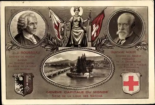 Passepartout Ak Genève Genf Stadt, J. J. Rousseau, Gustave Ador, Rotes Kreuz, Stadtansicht