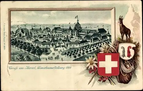 Präge Wappen Litho Bâle Basel Stadt Schweiz, Gewerbeausstellung 1901, Gämse