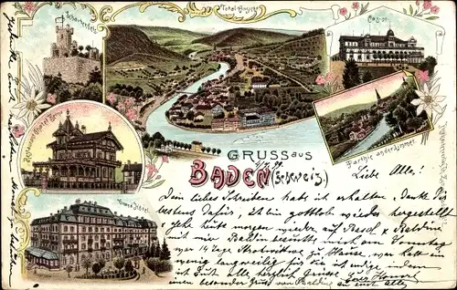 Litho Baden Kanton Aargau Schweiz, Totale, Casino, Hotel, Restaurant, Fluss