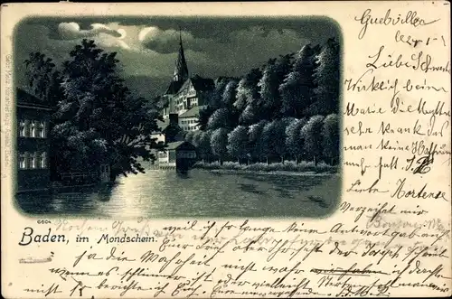 Mondschein Litho Baden Kanton Aargau Schweiz, Teilansicht der Ortschaft