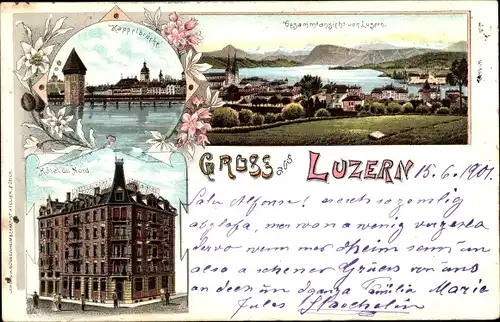 Litho Luzern Stadt Schweiz, Kapellbrücke, Hotel du Nord, Totalansicht