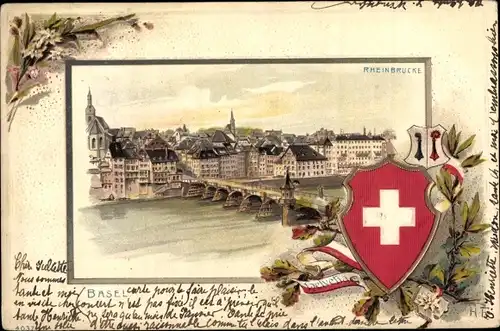 Präge Wappen Litho Bâle Basel Stadt Schweiz, Rheinbrücke