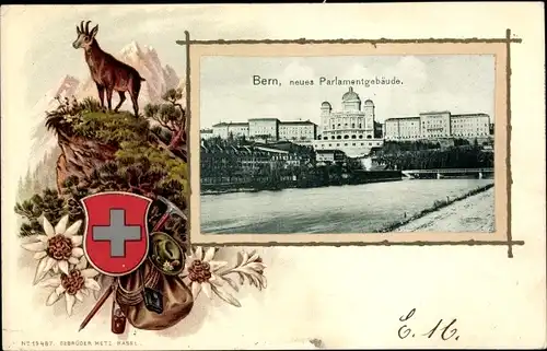 Präge Wappen Ak Bern Stadt Schweiz, Neues Parlamentsgebäude, Edelweiß, Gämse