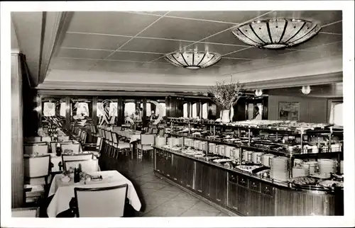 Ak Fährschiff Deutschland, Blick in Speisesaal, Kaltes Buffet, Innenansicht