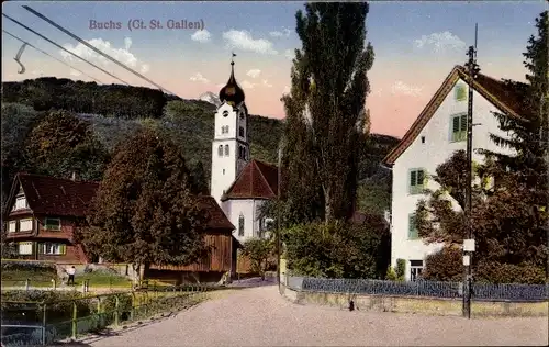 Ak Buchs Kanton Sankt Gallen, Straßenpartie mit Kirche